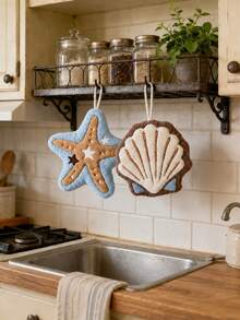 2pcs/1pc Starfish & Seashell Shaped Hanging Hand Towels, Soft Absorbent Quick-Dry Kitchen & Bathroom Towels With Ring Design, Ocean Beach Decor With Hanging Ring, Reusable Plush Hand Towels Suitable For Sink, Guest Bathroom, RV, Dorm And Housewarming Gift - Multicolor - View 3