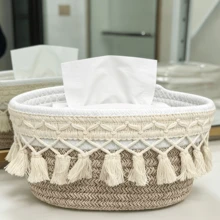 Tassel Woven Storage Basket, Bohemian Style Decorative Cosmetic Organizer Box, Suitable For Bathroom Bedroom Vanity Countertop Cosmetic Storage Bin, Shelf Storage Basket - Multicolor - View 7