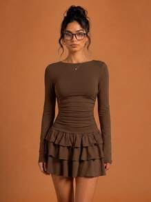 Never me Women's Sports Dress With Square Neck, Long Sleeves, Ruched Waist, Double Layer Ruffle Skirt, Yoga Tennis Dress - Coffee Brown - View 9