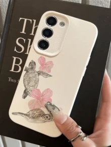1pc White Pink Hibiscus Double Turtle Minimalist Fashion Personalized TPU Shockproof Full Coverage Phone Case Compatible With Samsung Series - Multicolor - View 3