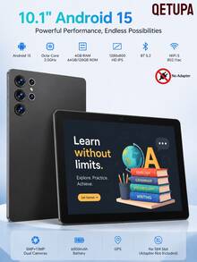 Qetupa Android 15 10.1-Inch Tablet, 4GB RAM 64GB ROM 1TB Expandable, WiFi 5 & BT 5.2 Electronic Tablet, 8-Core, 1280*800 HD IPS Touchscreen, 6000mAh Battery, 5MP+13MP Dual Camera (No Adapter) - Black - View 1