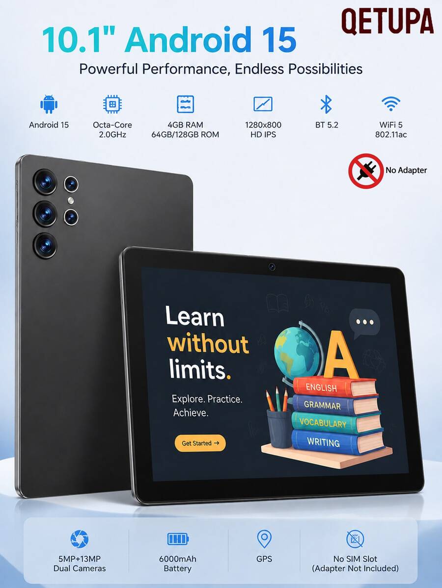 Qetupa Android 15 10.1-Inch Tablet, 4GB RAM 64GB ROM 1TB Expandable, WiFi 5 & BT 5.2 Electronic Tablet, 8-Core, 1280*800 HD IPS Touchscreen, 6000mAh Battery, 5MP+13MP Dual Camera (No Adapter) - Black - View 1