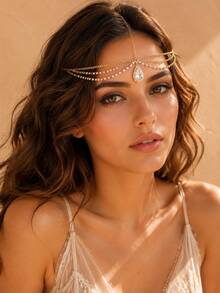 1pc Elegant Vintage Artificial Crystal Forehead Chain, Women's Gold Tassel Head Chain, Bohemian Style Jewelry Headpiece With Water Drop Rhinestone Design - Suitable For Bridal, Wedding, Party, Festival Wear - Gold - View 6
