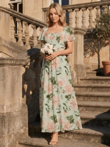 EVERPRETTY Elegant Chiffon Bridesmaid Dress Ruffle Sleeves Square Neck Flattering Dress Summer Fall Wedding Guest Dresses For Weeding Party,Beach Vacation - Green - View 1
