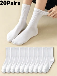 1/5/10/15/20 Pairs Women's All-Season Mid-Calf Socks, Solid Color, Suitable For Daily Wear, Soft And Comfortable, Casual Fleece Style, Back To School Season - White - View 9