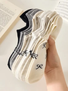 5Pairs Women's Sweet Bow Knot Simple Boat Socks, Invisible Socks, Casual Socks, Non-Slip Socks, Suitable For Daily Wear And Travel, Spring/Autumn/Summ - Multicolor - View 1