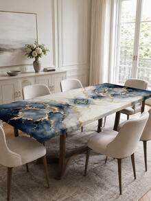 1pc Blue & Gold Marble Pattern Square Elastic Tablecloth, Modern Luxury Full Coverage Dining Table Protector, Suitable For Kitchen, Dining Room, Party, Home Tabletop Dust-Proof Decoration, Art Home Decor - Multicolor - View 5