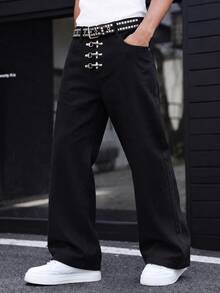 1件男士寬鬆寬腿牛仔長褲 街頭風 百搭 - 黑色 - 查看 1
