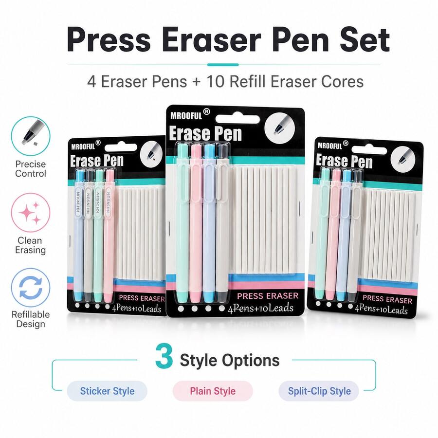 4PCS Eraser Pen Set With 10 Refill Eraser Cores, Press-Type Retractable Pencil Erasers, Refillable Correction Eraser Pens For Students, Artists, School, Office, Drawing, Sketching And Note Taking