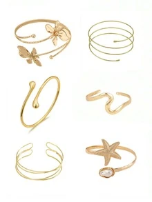 6pcs Women's Gold Geometric Hollow Flower Starfish Pearl Water Drop Sleeve Cuffs Y2K Punk Multi-Layer Cross Arm Rings Exaggerated Open Sleeve Bracelets Statement Jewelry Suitable For Daily Wear - Gold - View 1