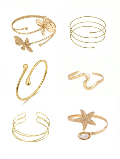 6pcs Women's Gold Geometric Hollow Flower Starfish Pearl Water Drop Sleeve Cuffs Y2K Punk Multi-Layer Cross Arm Rings Exaggerated Open Sleeve Bracelets Statement Jewelry Suitable For Daily Wear
