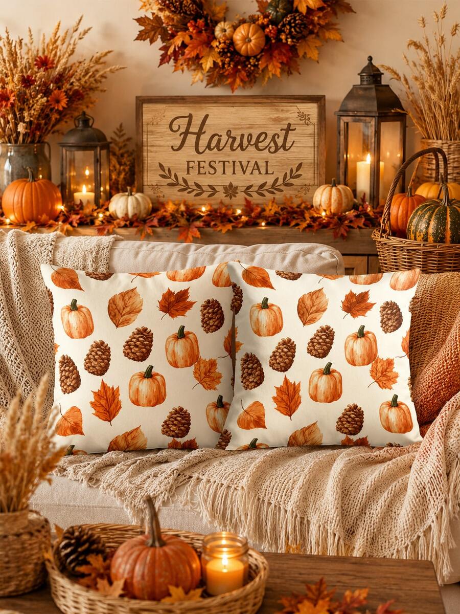 2pcs Pine Cone, Maple Leaf, Pumpkin Pillow Covers 17.7x17.7 Inches, Autumn Thanksgiving Harvest Home Sofa Decor - Multicolor - View 1