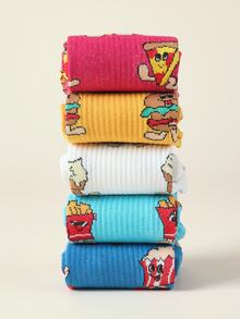 5 pares de calcetines para mujer en blanco, amarillo, rosa y azul, con divertidos y lindos patrones de dibujos animados de hamburguesa, papas fritas, pizza y helado, calcetines de media caña, de tela de punto transpirable, suave y cómoda, adecuados para uso diario, estilo de calle versátil y de moda, para todas las estaciones, interiores y exteriores - Multicolor - Ver 4