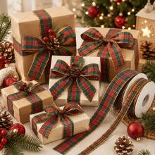 10 Yards Premium Red & Green Plaid Pattern Ribbon Roll, Vintage Plaid Fabric Tape With Metallic Gold Sequin Edge, Suitable For Holiday Gift Wrapping, Party Decoration, Hair Accessories, DIY Crafts - Checkered Ribbon - View 6