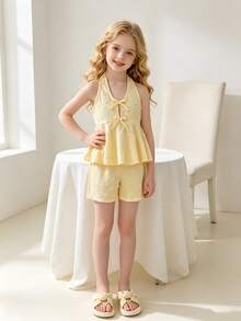 Left Mama Girls Cute Bow Halter Top And Shorts Set, Suitable For Beach Vacation In Summer - Yellow - View 1