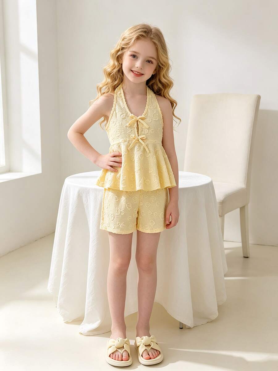 Left Mama Girls Cute Bow Halter Top And Shorts Set, Suitable For Beach Vacation In Summer - Yellow - View 1