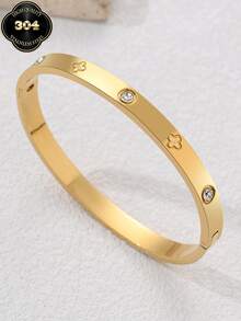 1/4pcs Stainless Steel 18K Gold Plated Clover Crystal Bracelet Set, Clover Zirconia Open Cuff Bracelet Combination, Suitable For Women's Daily Wear, Holiday Gift, Fashion Bracelet Set - Gold - View 11
