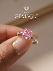 1 buah Cincin Berlian Tunggal Persegi Perak Sterling 925 Perhiasan Wanita Halus untuk Pemakaian Sehari-hari Pilihan Hadiah Ulang Tahun - Cincin Persegi-Berlian Merah Muda - View 2