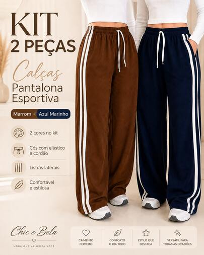 Kit de 2 Calças Bicolor Duas Listras Pantalona Muito Estilo e Economia