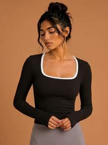 Women's Sports T-Shirt Solid Black With White Trim Square Neck Long Sleeve Elastic Slim Fit Flattering Daily Workout Top - Black - View 8