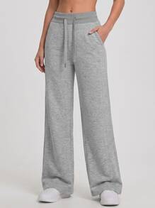 Never me Women's Solid Color Heather Gray High Waist Drawstring Wide Leg Pants With Pockets, Soft Drapey Running Casual Floor Length Trousers - Light Grey - View 4
