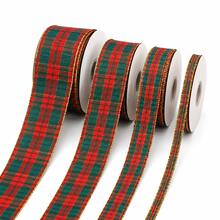 10 Yards Premium Red & Green Plaid Pattern Ribbon Roll, Vintage Plaid Fabric Tape With Metallic Gold Sequin Edge, Suitable For Holiday Gift Wrapping, Party Decoration, Hair Accessories, DIY Crafts - Checkered Ribbon - View 3