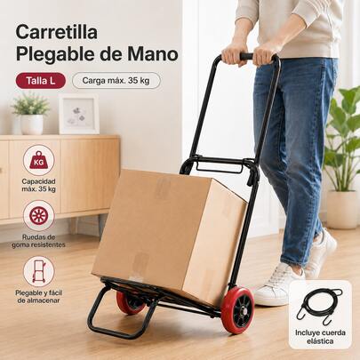 Carrinho de Transporte Dobrável de Mão 25/35 kg, Carro de Transporte Compacto com Rodas de Borracha e Corda Elástica, Leve e Portátil, Carrinho Dobrável para Compras, Escritório, Viagens e Casa