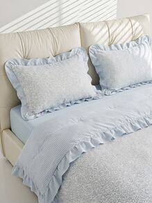 Veyra Day 3pcs Polyester Light Blue Floral Duvet Cover Set, Shabby Chic Ruffled Bedding Set With Gingham Plaid Edge, Cute Floral Comforter Cover With 2 Pillowcases (No Insert) - Sea salt milk blue lotus leaf edge - View 9