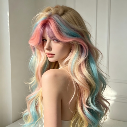 Y2K Rainbow‑Multicolor Long Wavy Wig, Curtain‑Bangs Heat‑Resistant Synthetic Curly Hair Wig For Women, Natural‑Looking Wig For Daily Cosplay Party