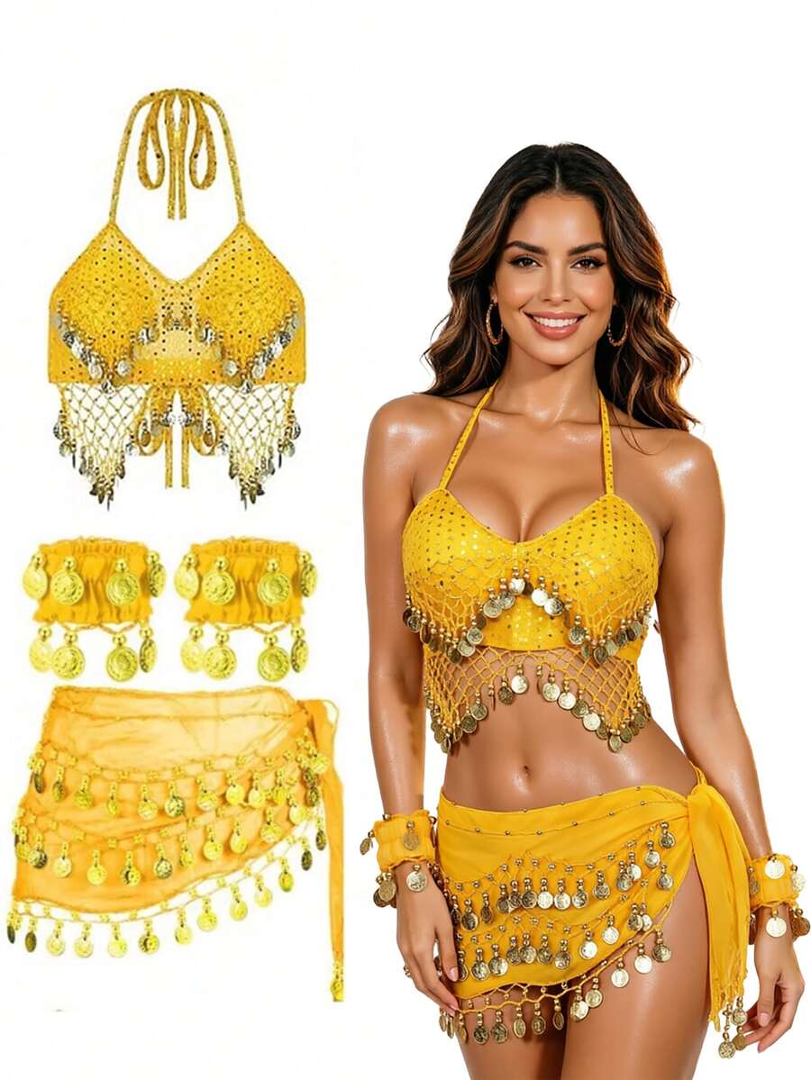 Exotic Themed Party Dangling Coin Sequin Bra Top With Fringe Hip Scarf And Cuffs For Costume Cosplay And Festival Parade - Multicolor - View 1