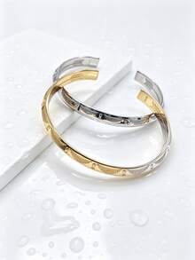 1pc Casual Personalized Metal Style Fashion Stainless Steel Gold-Plated Etched Pattern Triangle Open Cuff Bracelet Men's Holiday Accessory - Geometry - View 4