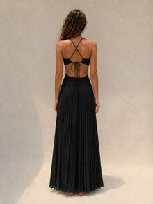 Women's Light Blue Pleated Spaghetti Strap Dress, Ruched Bust Backless Flowy Summer Dress Elegant - Black - View 3