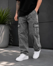 Calça cargo Oversized masculina com e leve comprida solta casual cordão cintura streetwear skate unissex conforto Longa confortável - Jeans Estonado - Visão 2