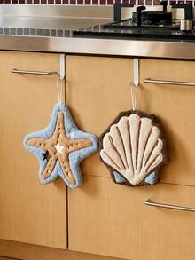 2pcs/1pc Starfish & Seashell Shaped Hanging Hand Towels, Soft Absorbent Quick-Dry Kitchen & Bathroom Towels With Ring Design, Ocean Beach Decor With Hanging Ring, Reusable Plush Hand Towels Suitable For Sink, Guest Bathroom, RV, Dorm And Housewarming Gift - Multicolor - View 2