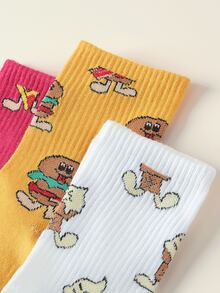5 pares de calcetines para mujer en blanco, amarillo, rosa y azul, con divertidos y lindos patrones de dibujos animados de hamburguesa, papas fritas, pizza y helado, calcetines de media caña, de tela de punto transpirable, suave y cómoda, adecuados para uso diario, estilo de calle versátil y de moda, para todas las estaciones, interiores y exteriores - Multicolor - Ver 6