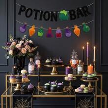 2pcs Witch Poison Theme Banners, Halloween Poison Bat Horror Witch Haunted House Theme 2D Classic Felt Potion Bar Triangular Flags, Unisex Halloween Party Decoration, Fun Halloween Decor, Fireplace Decoration, Room Decoration - A - View 5