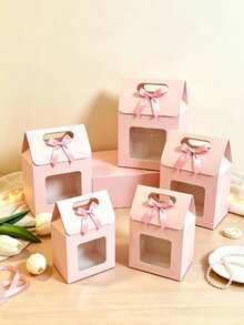 5pcs Kraft Paper Gift Boxes With Bows, Gift Boxes With Clear Window And Carry Handles, Fabric Lid Handheld Gift Bags, Holiday & Birthday Party Supplies, Back-To-School Gift Bags, Perfect For Small Business & Classroom Gifts, Winter Packaging Contai - Multicolor - View 2