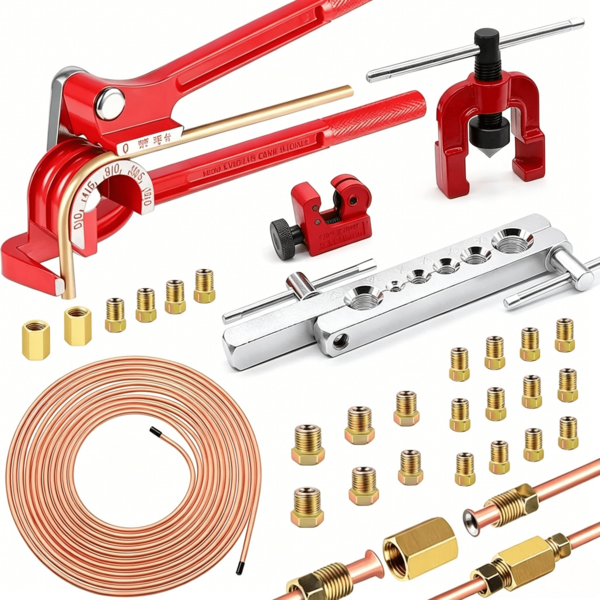 3-In-1 Silver & Red Aluminum Alloy Pipe Bender Kit, Heavy-Duty Manual Tube Bending Tool Set With 3/16-Inch Bending Jig, 25FT Copper Tubing And Complete Fittings, Suitable For Air Conditioner Repair And Household Plumbing Daily Maintenance