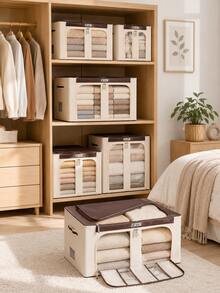 2pcs Set Formaldehyde-Removing Fabric Storage Boxes + Beige Storage Box Set, Foldable Clothing Storage Bin With Transparent Window, Dual-Opening Closet Organizer, Large Capacity Blanket Quilt Sweater Storage Container, Dust-Proof Wardrobe Storage Box, Suitable For Bedroom Home - Multicolor - View 7