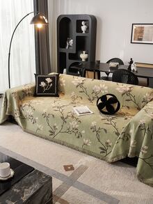 1pc Vintage Green Floral Chenille Sofa Throw, Chinese Style Botanical Pattern Tassel Sofa Cover, Non-Slip All-Season Pet-Friendly Machine Washable Home Decor Sofa Protector, Fits Single, Double, Triple Straight Sofa And L-Shaped Chaise Sofa, Machine Washable No Fading, Dust-Proof Scratch-Resistant Stain-Resistant, Suitable For Living Room, Bedroom, Homestay, Rental Home Decor - Green - View 10