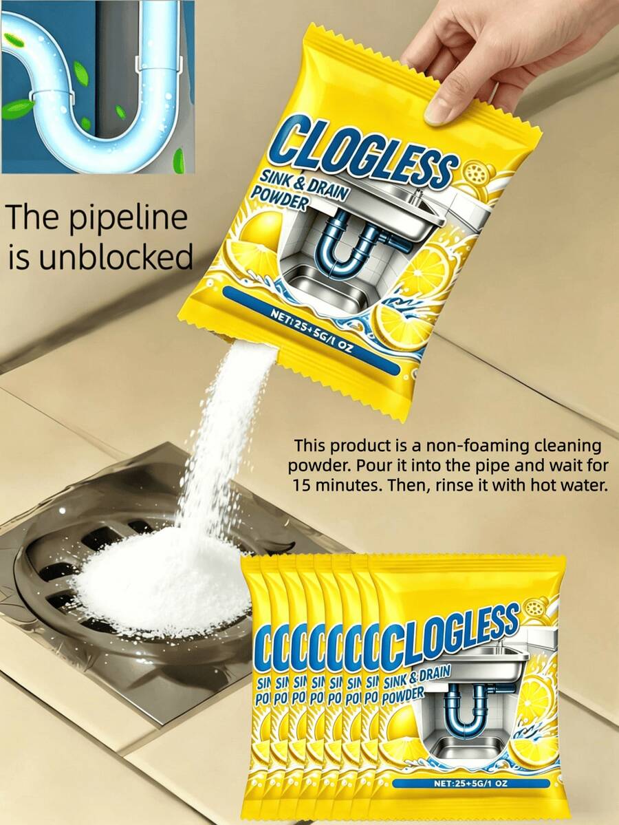 Pipe Unblocking Powder, Drain Unblocking Powder, Pipe Unblocking Agent, Drain Unblocking Agent, Pipe Cleaning Powder, Can Dissolve Blockages In Kitchen Sinks And Bathroom Drains Caused By Hair, Soap Residue And Grease. Allow 15-30 Minutes For The Product To Take Effect After Use.