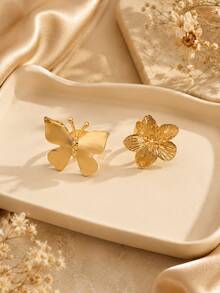 1/5pcs Gold Bow & Flower Open Ring Set, Oversized Hollow Wide Cuff Stackable Rings - D064-5pcs - View 3
