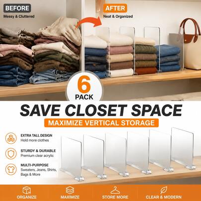 6 Pack Extra Tall Closet Shelf Dividers For Clothes Organization, Clear Acrylic Wardrobe Separators, Maximize Closet Space For Sweaters Jeans Shirts Bags