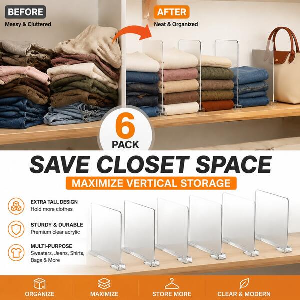 6 Pack Extra Tall Closet Shelf Dividers For Clothes Organization, Clear Acrylic Wardrobe Separators, Maximize Closet Space For Sweaters Jeans Shirts Bags