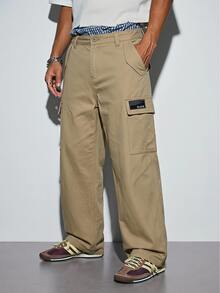Modcrash Men's Solid Color Flap Pocket Side Buckle Waist Casual Cargo Pants, Daily Wear, Spring Versatile, Minimalist Men's Street Style Cargo Pants - Khaki - View 1