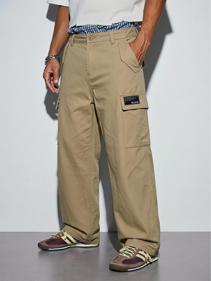 Modcrash Men's Solid Color Flap Pocket Side Buckle Waist Casual Cargo Pants, Daily Wear, Spring Versatile, Minimalist Men's Street Style Cargo Pants - Khaki - View 1