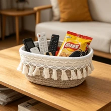 Tassel Woven Storage Basket, Bohemian Style Decorative Cosmetic Organizer Box, Suitable For Bathroom Bedroom Vanity Countertop Cosmetic Storage Bin, Shelf Storage Basket - Multicolor - View 6