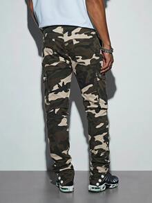 Modcrash Men's Street Wear Camouflage Loose Cargo Pants, Men's Street Retro Straight Tube Large Pocket Cargo Pants, The Design Of Camouflaged - Army Green - View 2