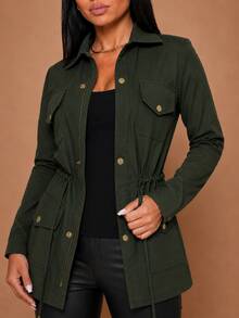 Parka Coat In Bengaline Simple Casual Button Pocket Drawstring - Verde militar - Ver 4