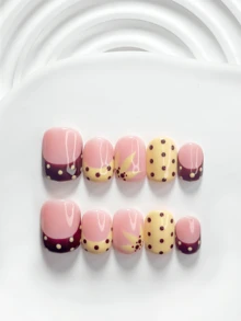 10片裝休閒風手工穿戴甲，Polygel美甲套組，波點手繪花卉，黃色與棕色指甲油，個性化風格，附美甲工具，3種尺寸可選，方型、短方型、杏仁型，適合派對、舞蹈、日常配戴 - 彩色 - 查看 2